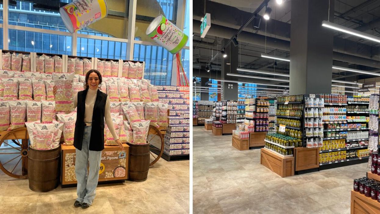Mira Nabulsi holding a bag of popcorn at Farm Boy. Right: Grocery aisles at Farm Boy.