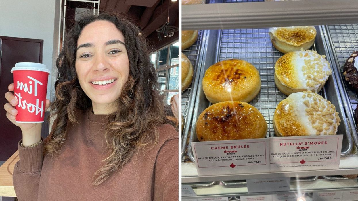 Mira Nabulsi holding a drink from Tim Hortons. Right: Exclusive Tim Hortons donuts.