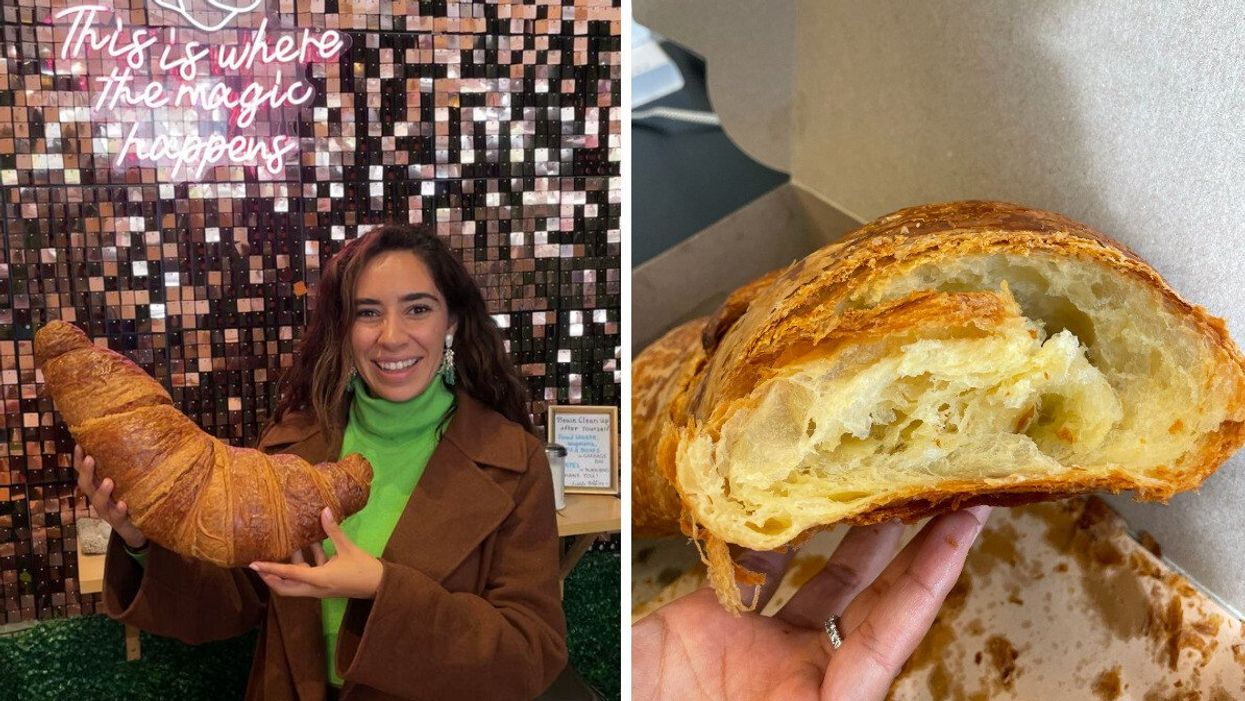 Mira Nabulsi holding a giant croissant in Toronto.