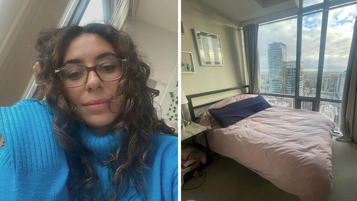 Mira Nabulsi in her apartment. Right: A bed Mira was trying to sell on Facebook Marketplace.
