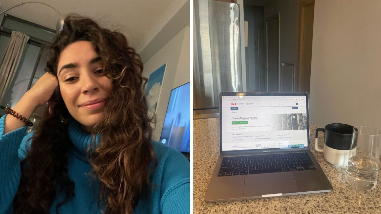 Mira Nabulsi in her apartment. Right: Her computer open on the Canada Revenue Agency website.