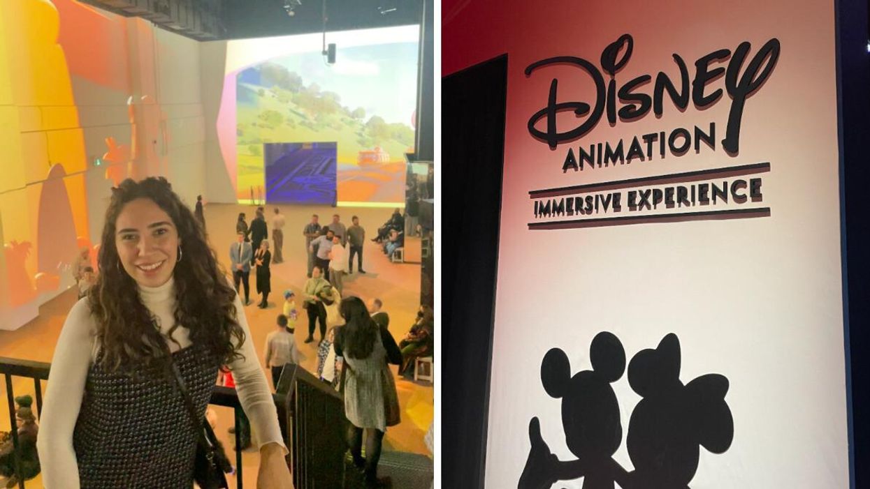 Mira Nabulsi in Toronto. Right: A sign at the Disney Animation Immersive Experience in Toronto.