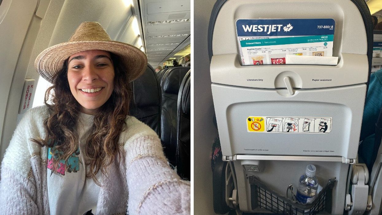 Mira Nabulsi on a WestJet flight. Right: WestJet seat.