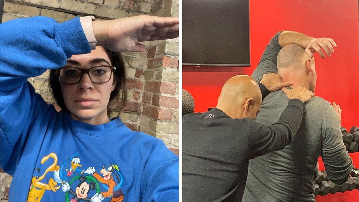 Mira Nabulsi using her forearm to defend herself. Right: Instructors teaching what to do if pushed.