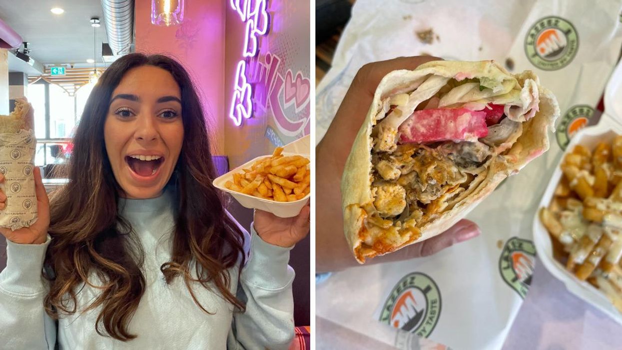 Mira Nabulsi with her shawarma and fries. Right: A shawarma from Lazeez Shawarma.