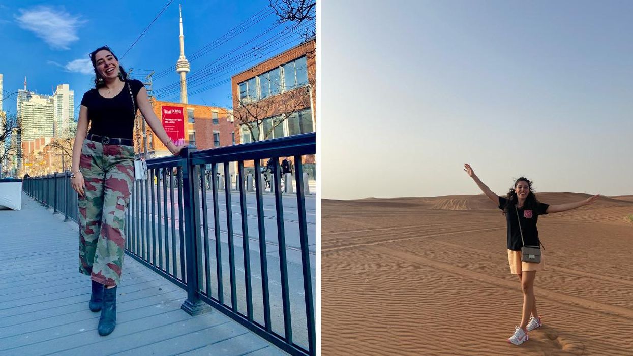 Mira Nabulsi with the CN Tower. Right: Mira Nabulsi in the desert in Dubai.