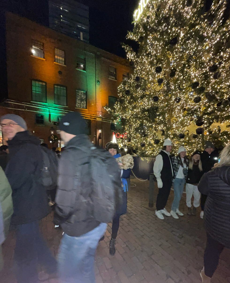 Mira trying to take a picture by the tree at the Christmas market.