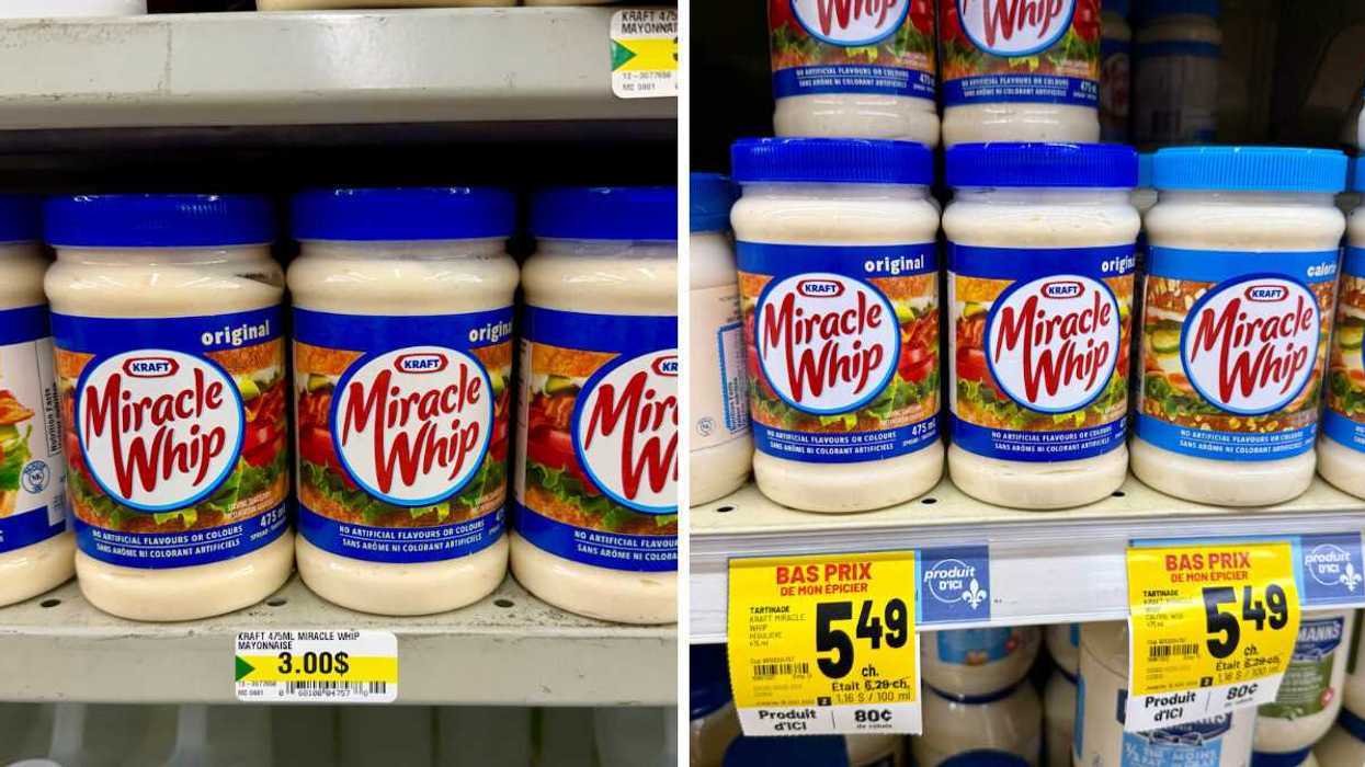 Miracle Whip à 3 $ au Dollarama. Droite : Miracle Whip à 5,49 $ au Metro L'épicier.