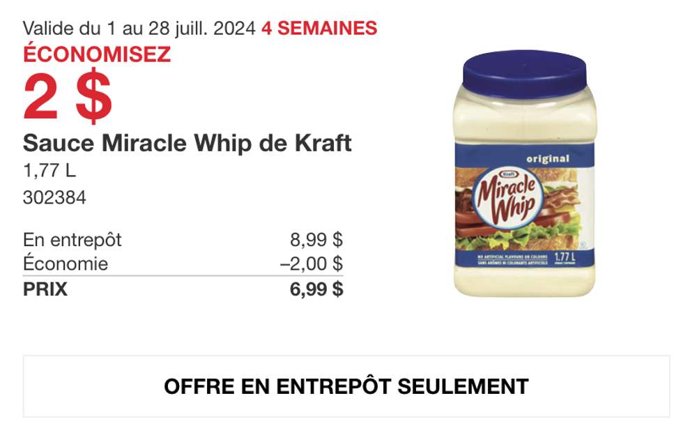 Miracle Whip de Kraft en rabais au Costco.