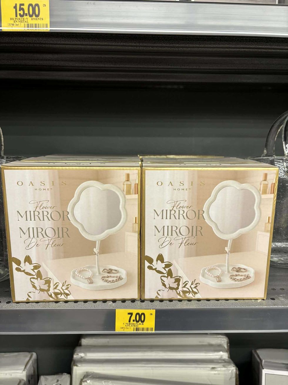 Miroir de table en forme de fleur avec petite base pour d\u00e9poser des bijoux, \u00e0 vendre au Tigre G\u00e9ant.