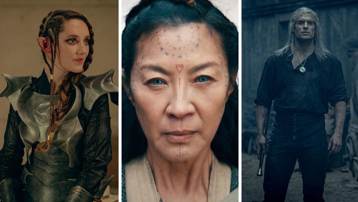 Mirren Mack as Merwyn in "Blood Origin." Middle: Michelle Yeoh as Scian in "Blood Origin." Right: Henry Cavill as Geralt of Rivia in "The Witcher."