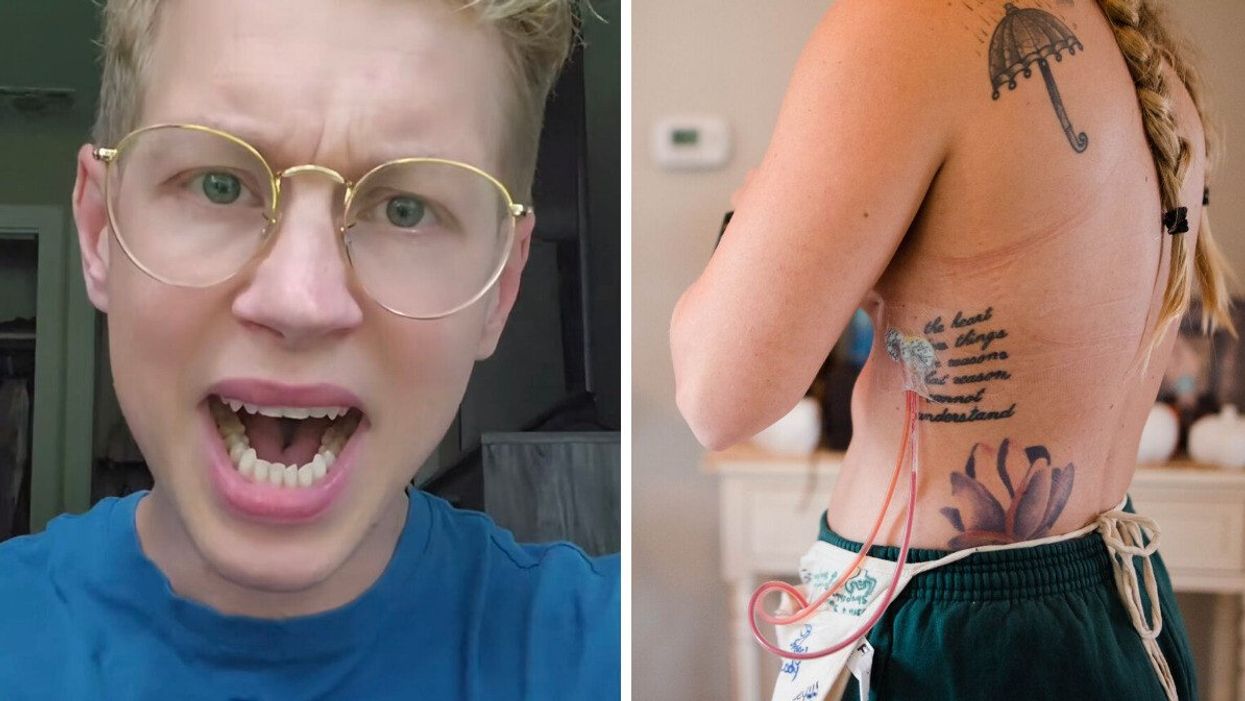 Misha in his TikTok video. Right: A woman with tattoos on her back covering her breasts.