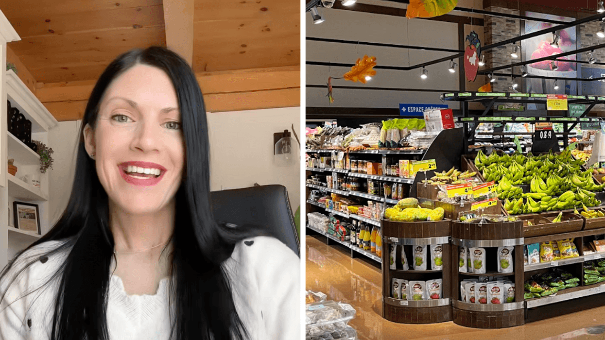 Miss Économe (Marilyne Gagné) sur TikTok. Droite : Une allée d'épicerie.