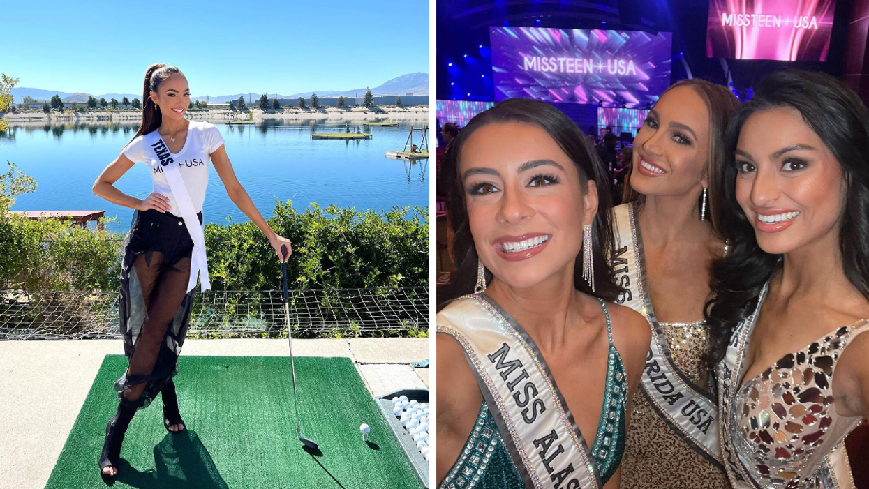 Miss Texas USA on a putting green. Right: Miss Alaska smiling alongside Miss Florida and Miss Arizona.