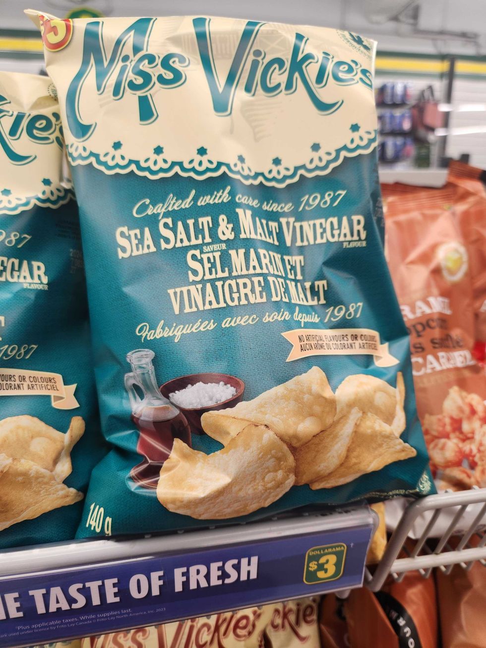 Miss Vickie's Sea Salt & Malt Vinegar chips at Dollarama.