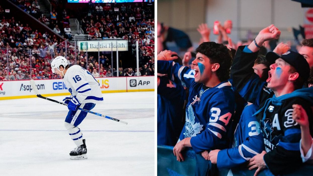 Mitch Marner after scoring a goal. Right: Maple Leafs fans cheering in Maple Leafs Square in Toronto.
