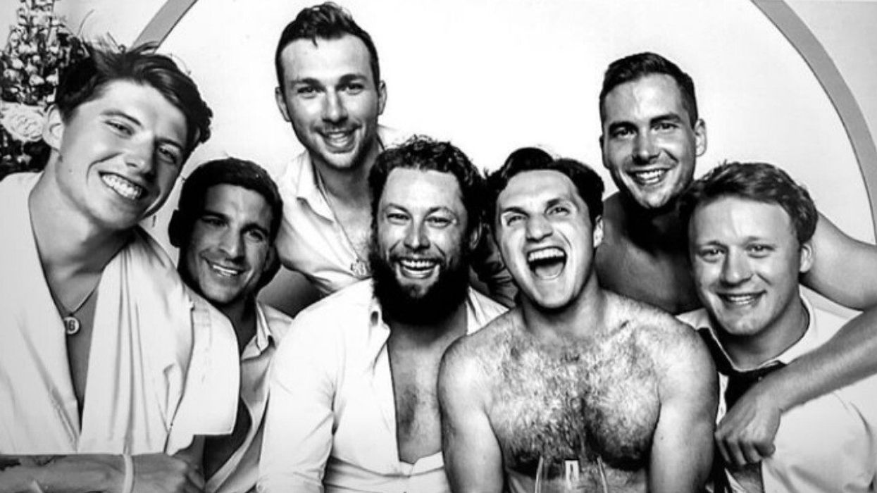 Mitch Marner, John Tavares, Michael Bunting, Jake Muzzin, Alex Kerfoot, Justin Holl, and Morgan Rielly at Kerfoot's wedding.