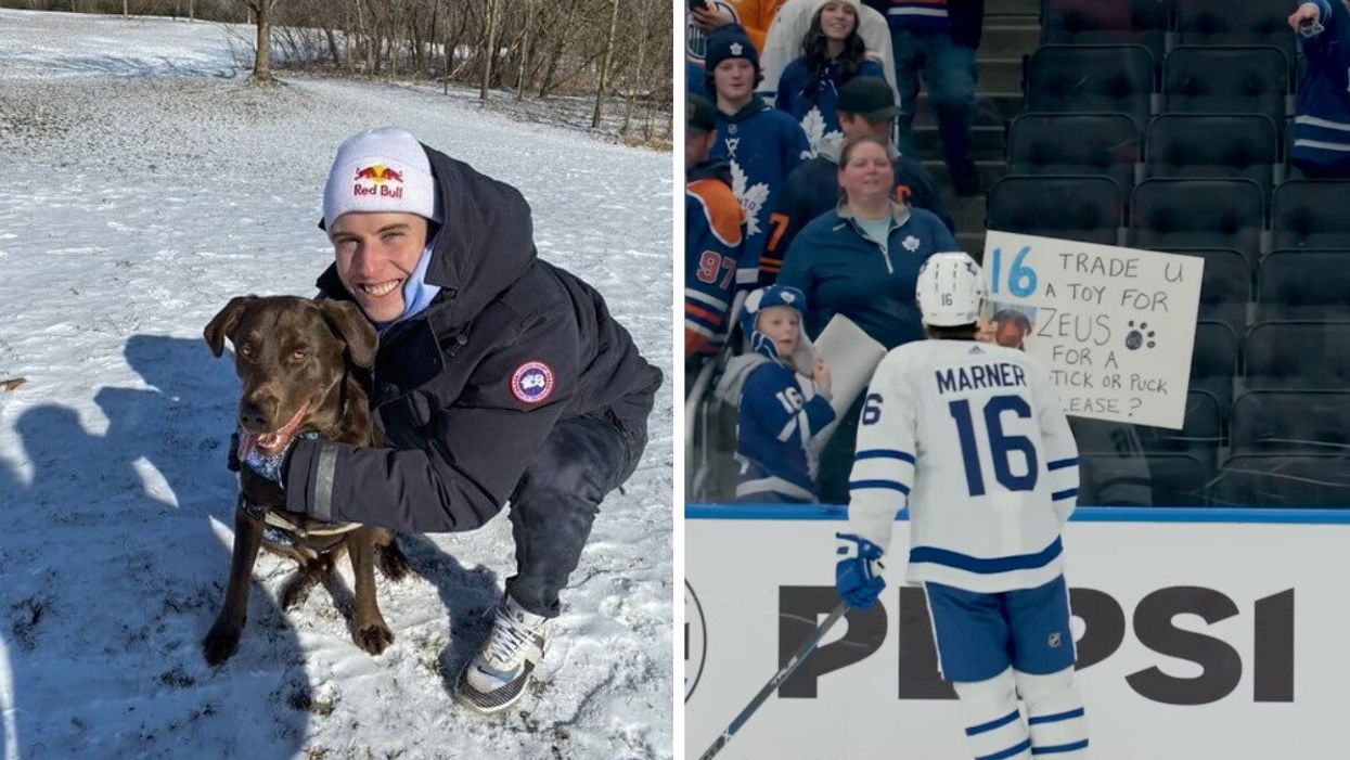 Mitch Marner squatting next to his dog Zeus in the snow. Right: A fan throwing Mitch Marner a dog toy at the arena.