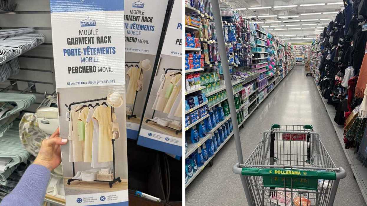 Mobile garment rack box. Right: Shopping cart in a Dollarama aisle.