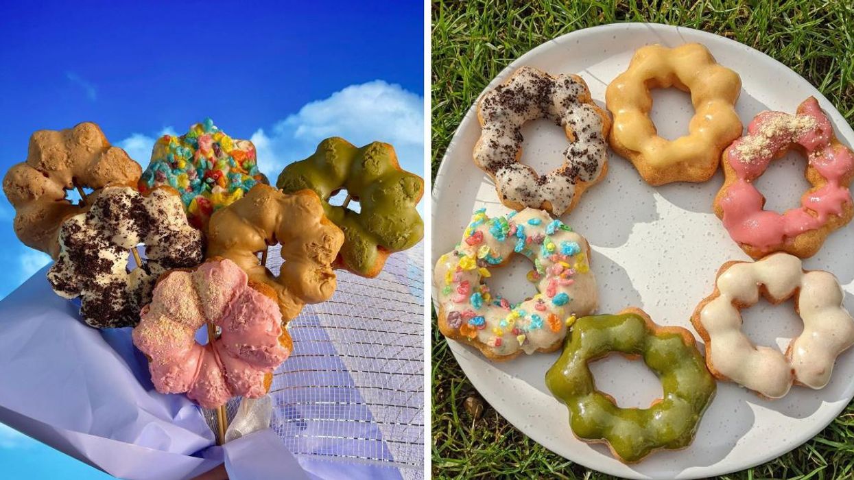 Mochi donut bouquet. Right: Mochi donuts on a plate.