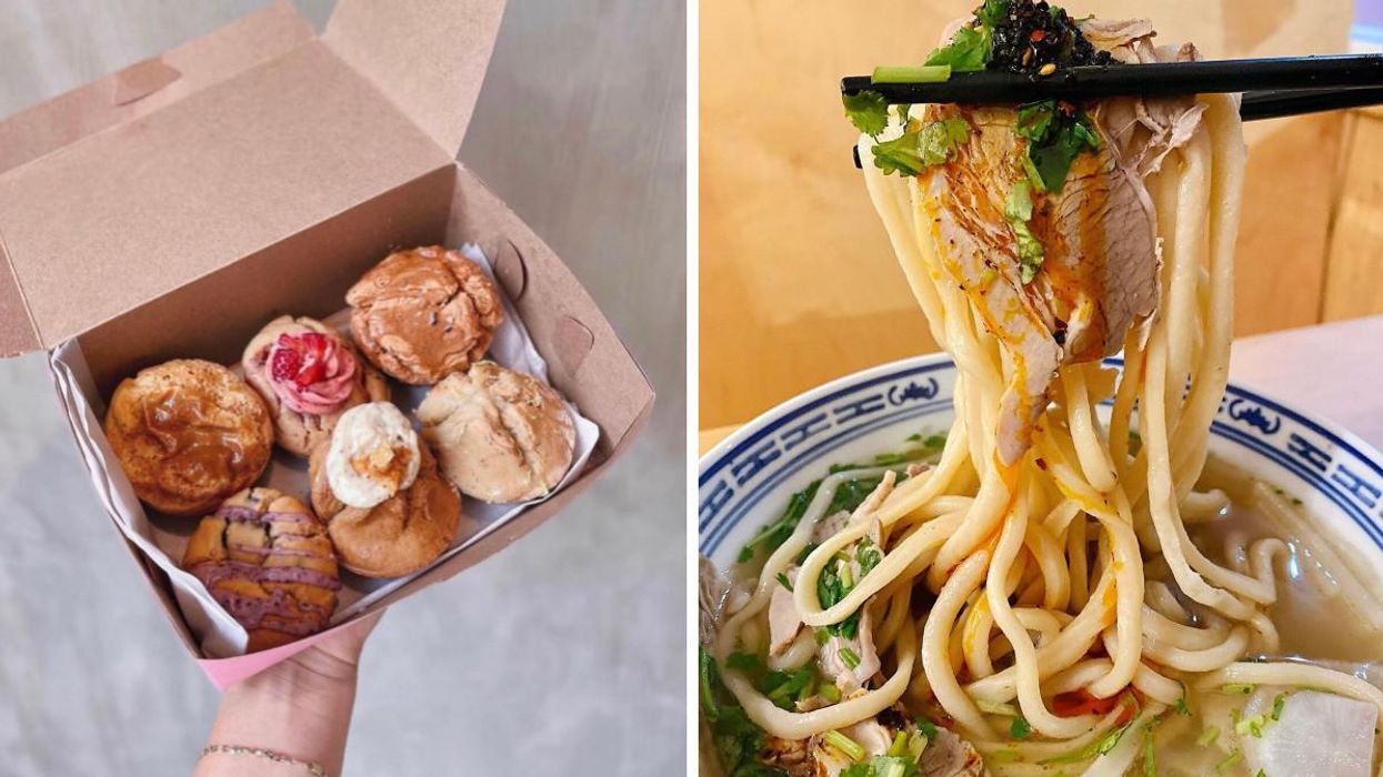 Mochi muffins from The Good Goods in Markham, Ontario. Right: Noodles from Big Beef Bowl in Markham, Ontario.