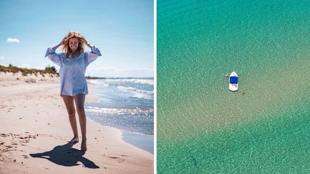 Model Meaghan Furlano standing on a beach. Right: A boat in the water.