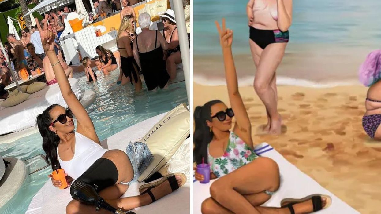 Model Sian Green-Lord. Right: Artwork inspired by Green-Lord's Instagram photo in a Spanish government ad.