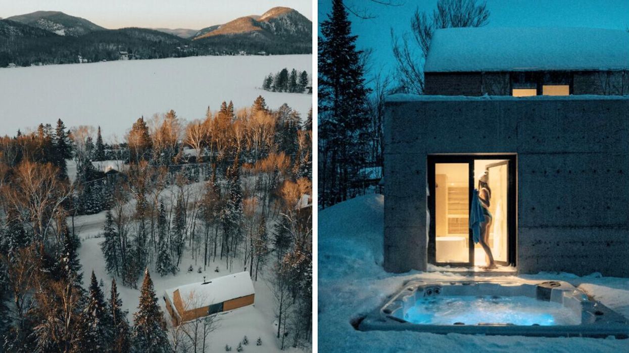 Modern cabin Airbnb in a forest by a Quebec lake. Right: Outdoor hot tub by cottage entrance to sauna.