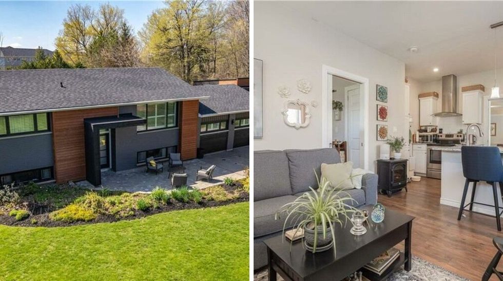 modern house with wood accents in paris, ontario. right: open-concept kitchen and living room.