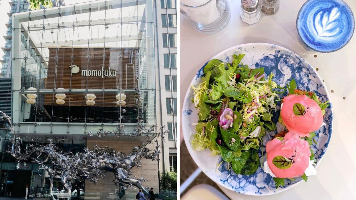 Momofuku restaurant in Toronto, Ontario: Right: Pink eggs Benedict on a plate with a blue latte.