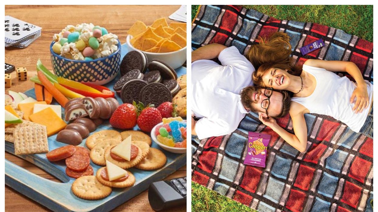 Mondelez snack arranged on a cutting board (left) and two people laughing on a picnic blanket (right)
