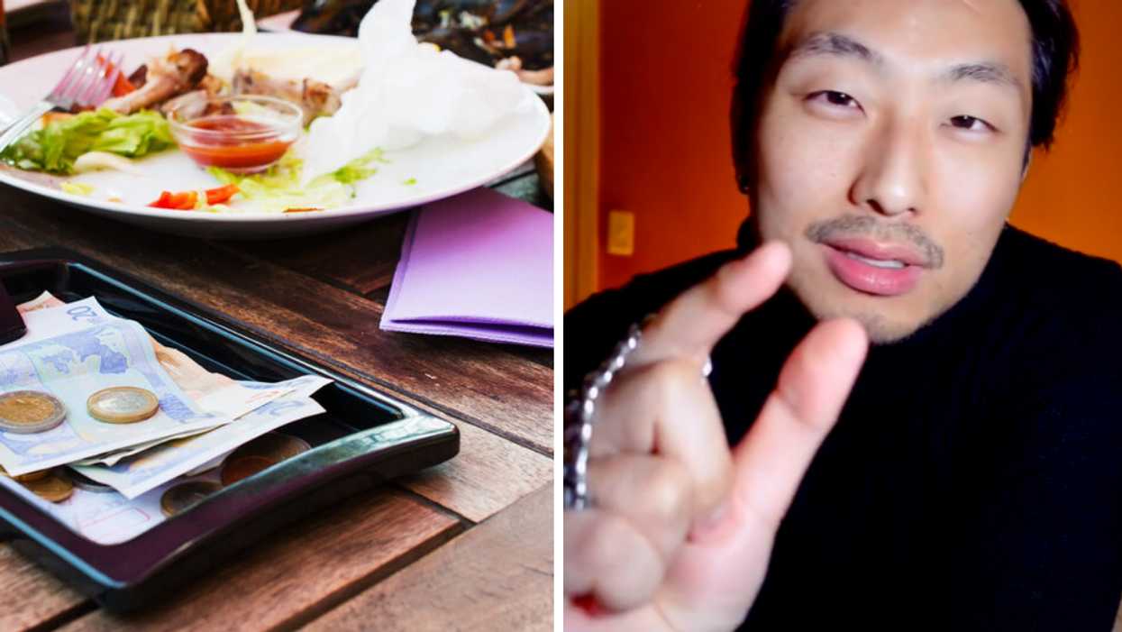 Money at a table after a meal. Right: divorce lawyer Justin Lee.