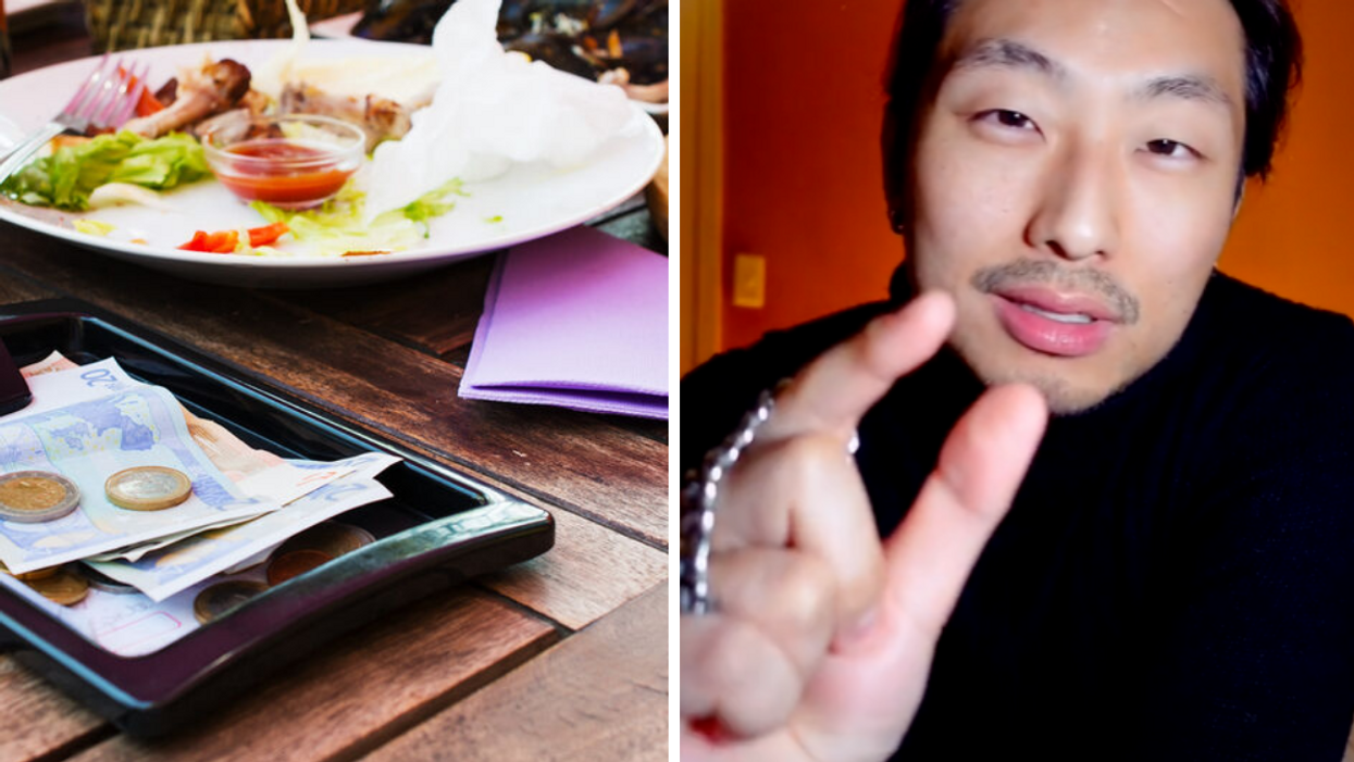 Money at a table after a meal. Right: divorce lawyer Justin Lee.
