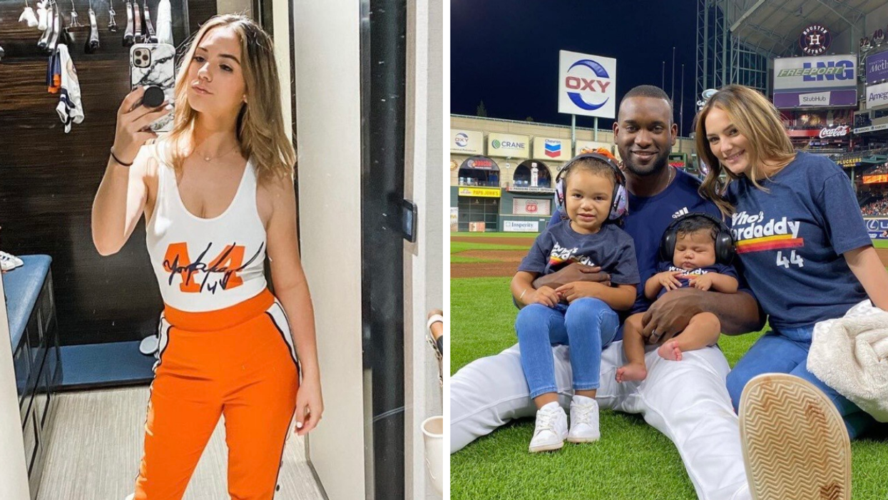 Monica Alvarez in a white tank top and orange pants. Right: Monica and Yordan Alvarez with their children at Minute Maid Park in Houston, TX.