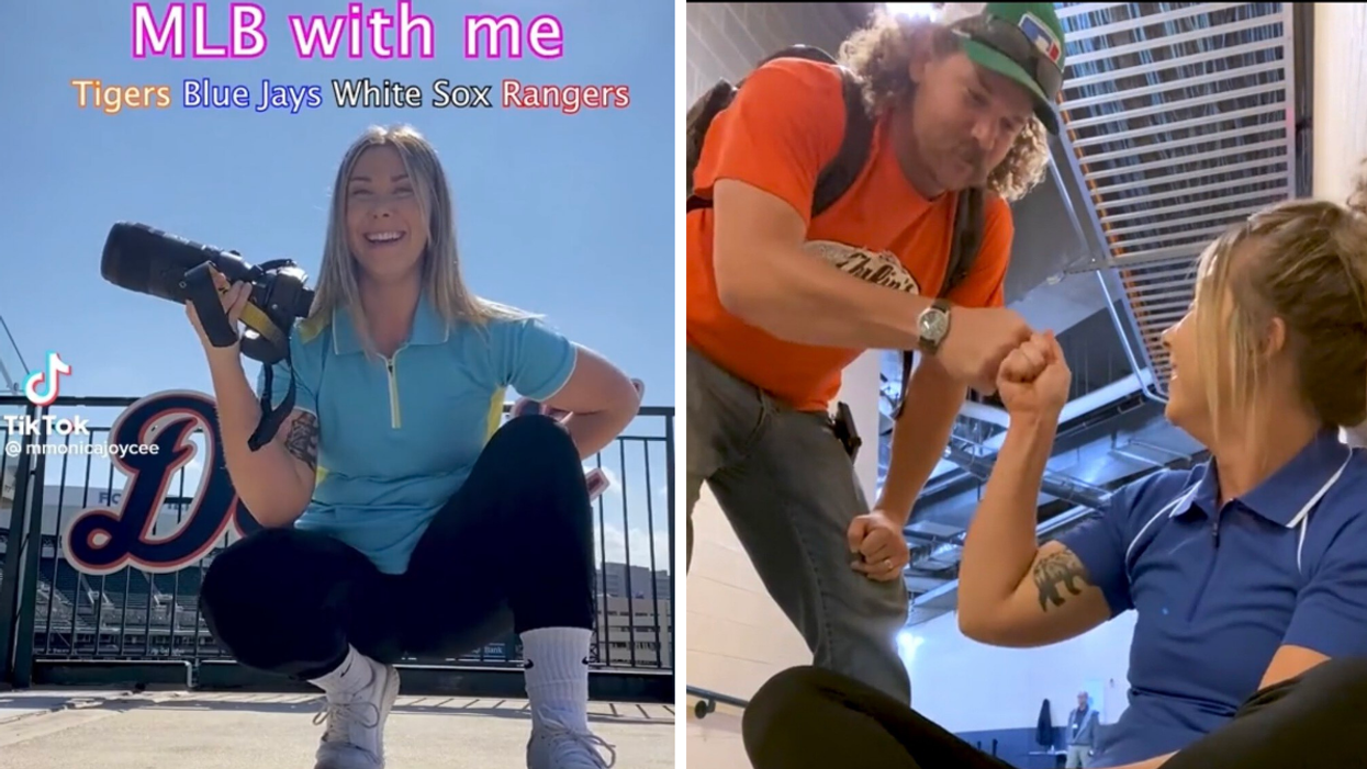 Monica Bradburn in a TikTok at a Detroit Lions game. Right: Bradburn fist bumping Detroit Tigers Pitcher Andrew Chafin in a TikTok.
