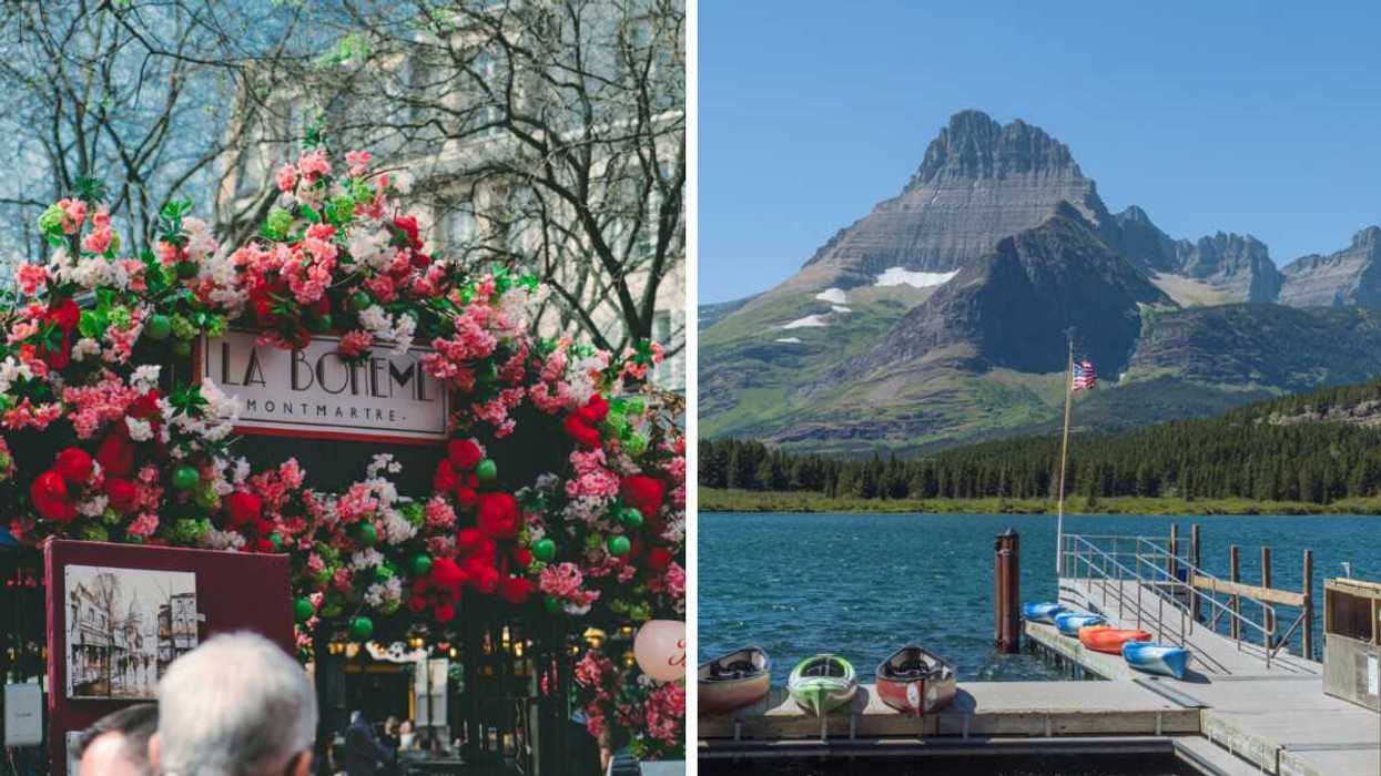 Montmartre neighbourhood in Paris. Right: Mountain landscape at Glacier National Park with snow-capped peaks and a turquoise alpine lake.