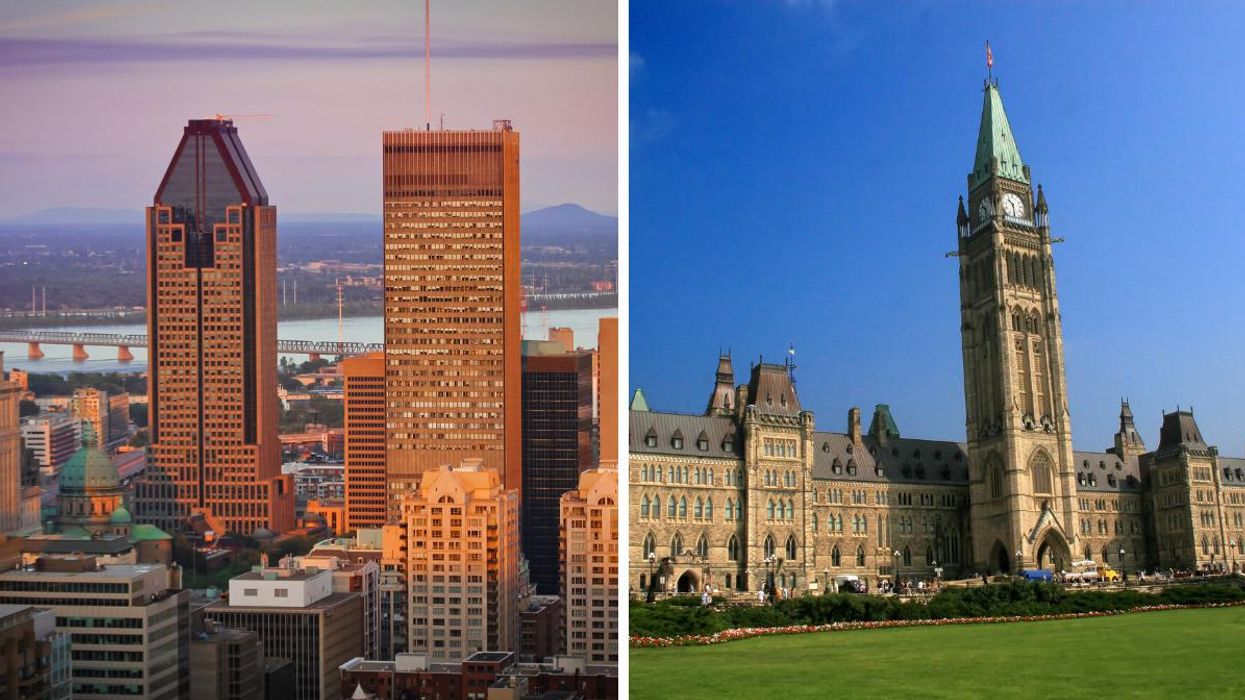 Montreal at dusk. Right: The Centre Block Canadian parliament building.