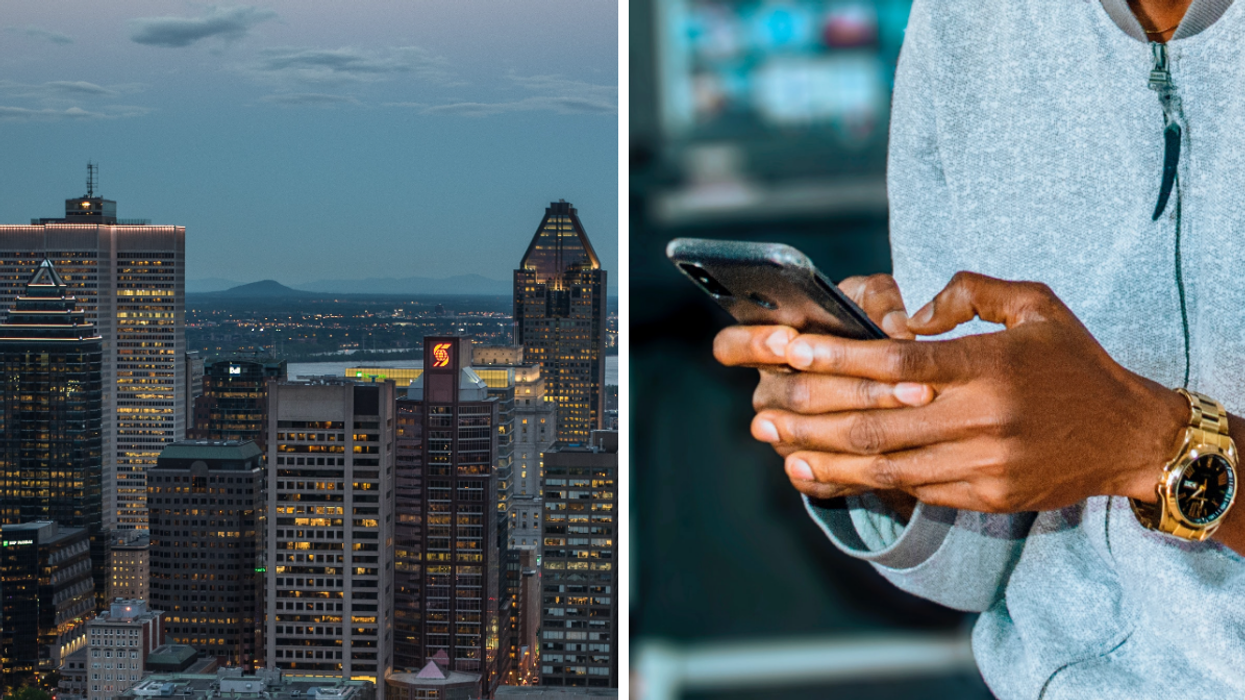 Montréal. Droite : Un téléphone cellulaire.