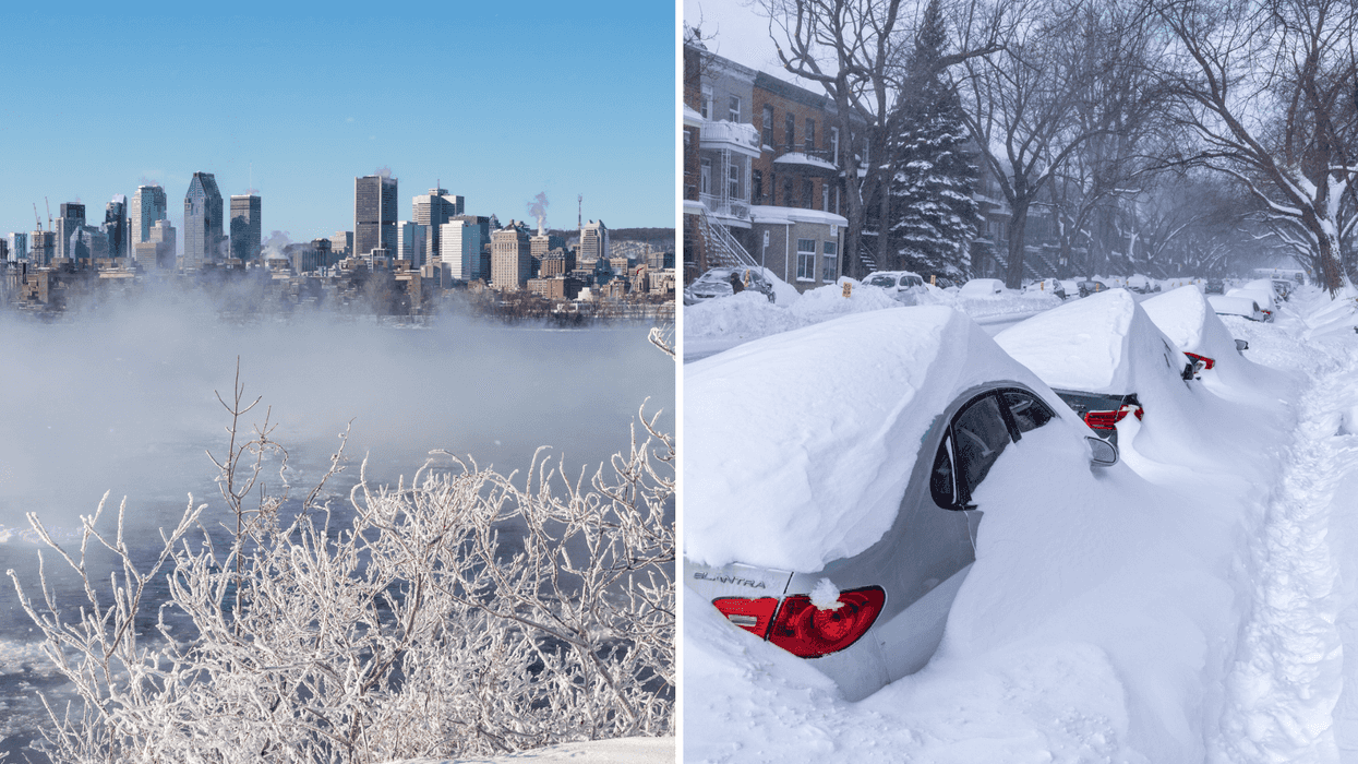 Montréal en hiver lors d'une journée froide d'hiver. Droite : Des voitures ensevelies sous la neige en hiver à Montréal.
