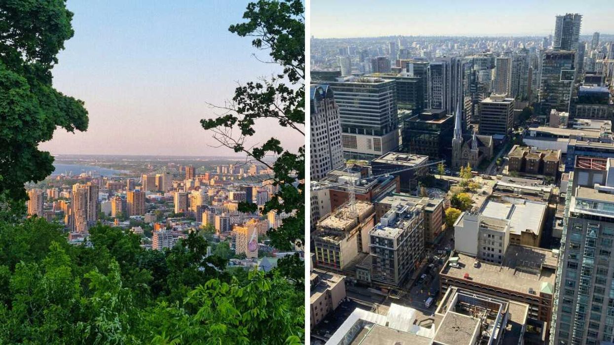 Montreal skyline. Right: Aerial view of Vancouver.