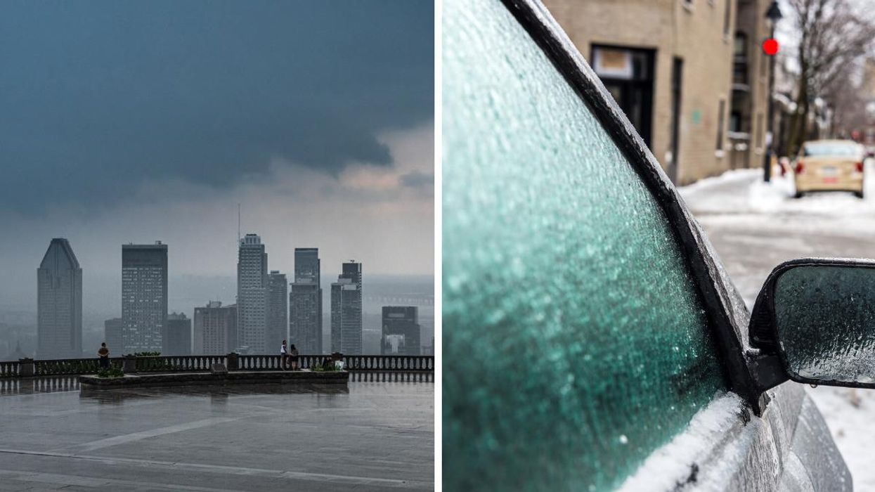 Montréal sous la pluie. Droite : Voiture après le grésil à Montréal.