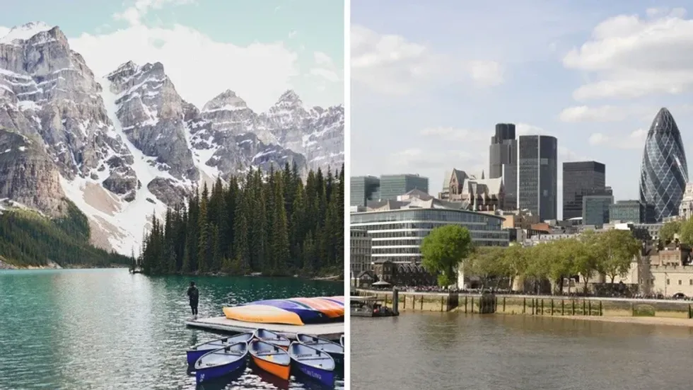 Moraine Lake in Alberta. Right: London, UK.