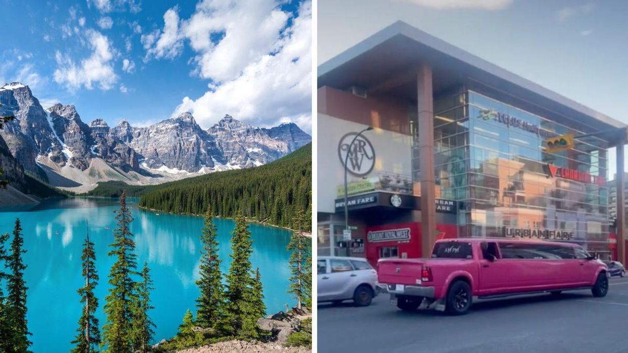 Moraine Lake. Right: A limo truck.