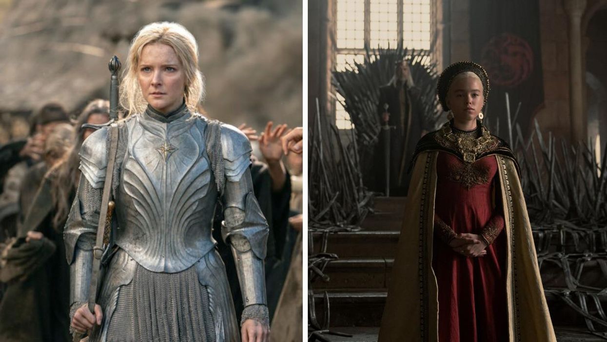 Morfydd Clark as Galadriel in "The Rings of Power". Right: Milly Alcock as Rhaenyra Targaryen in "House of the Dragon."