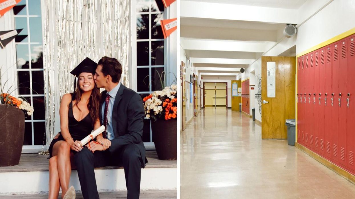 Morgan Leet and her partner. Right: A high school hallway.