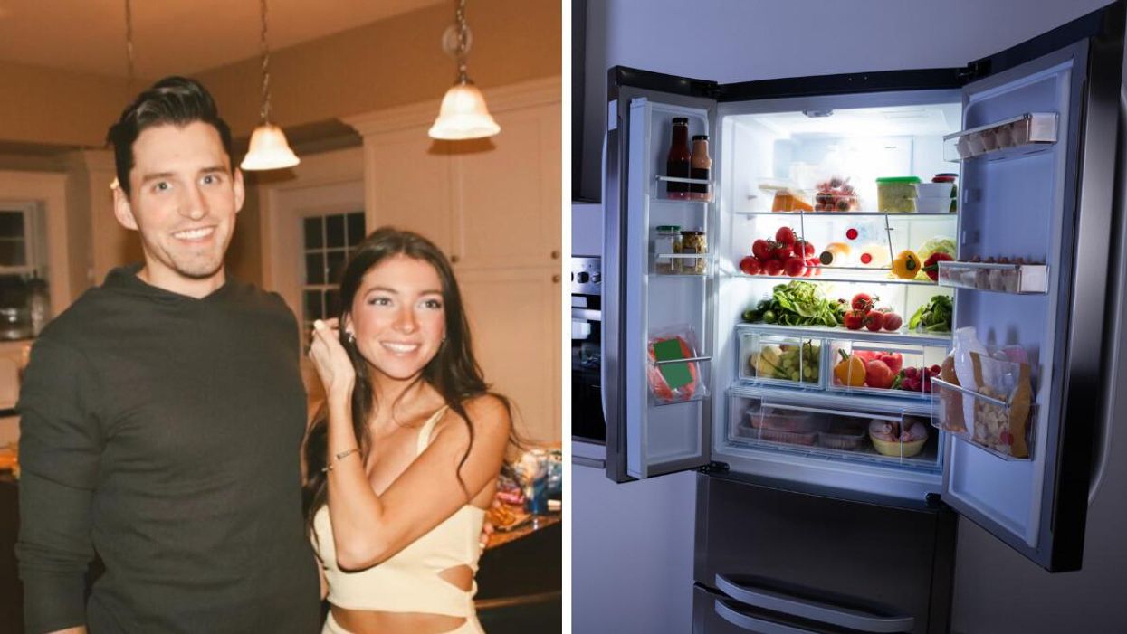 Morgan Leet and partner. Right: Fridge with food.