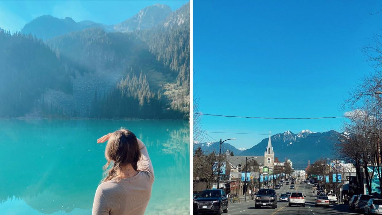 Morgan Leet at a mountain in B.C. Right: Street in Vancouver, B.C.