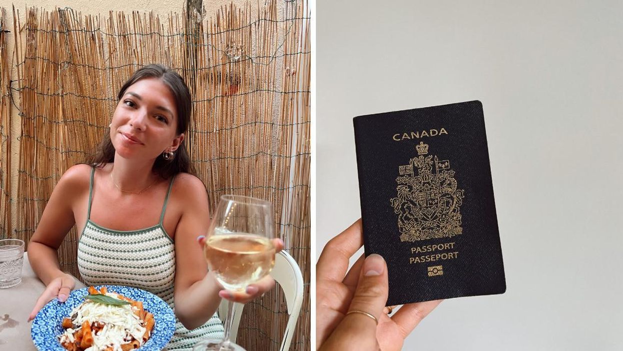 Morgan Leet at dinner. Right: Canadian passport.
