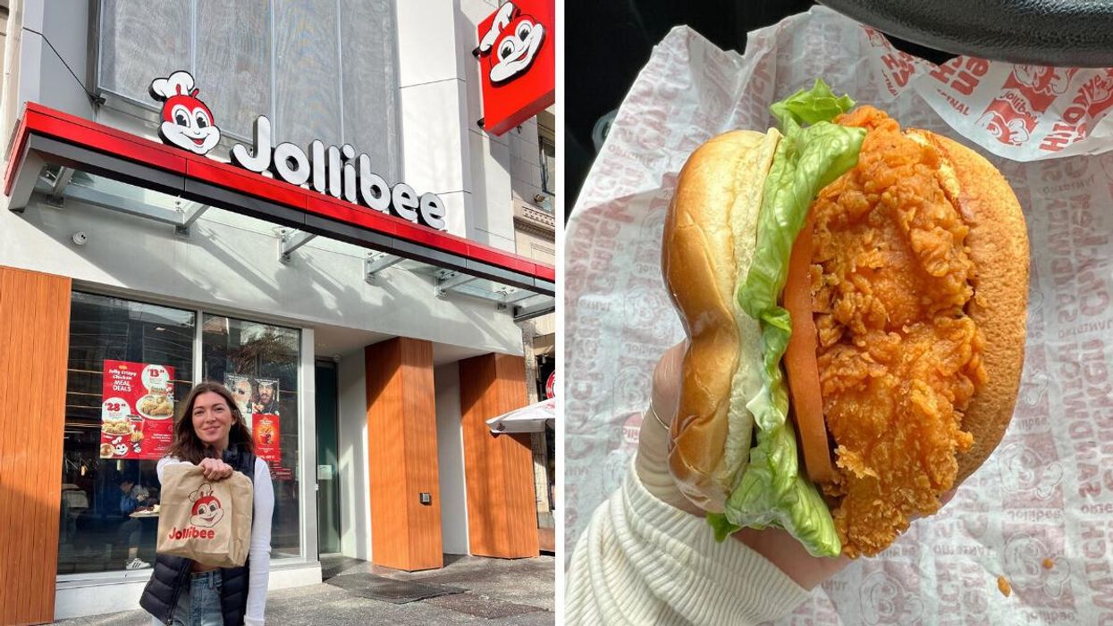 Morgan Leet At Jollibee Vancouver. Right: Chicken sandwich from Jollibee.