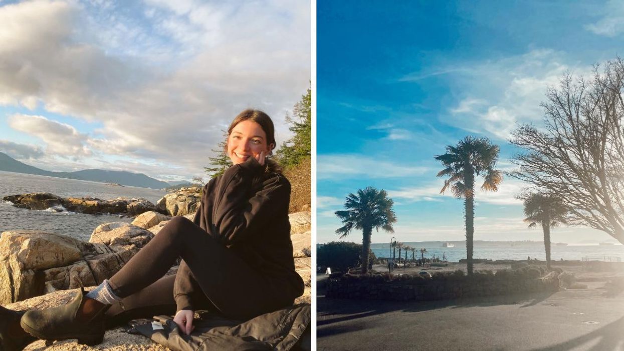 Morgan Leet at Lighthouse Park in Vancouver, B.C. Right: A view of palm trees in West Vancouver.